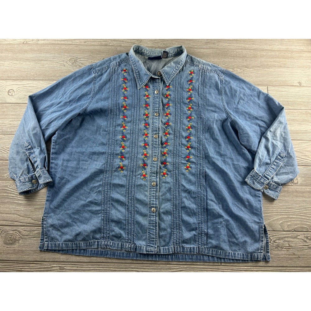 CST Blues Womens 32W Blue Denim Cotton Embroidered Button Shirt Blouse LS Pleat
